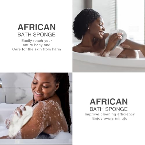Image of UJFQBH 3 Pieces African Bath Sponge African Net Long Net Bath Sponge Exfoliating Shower Body Scrubber Back Scrubber Skin Smoother,Great for Daily Use (Purple, Pink,Green)