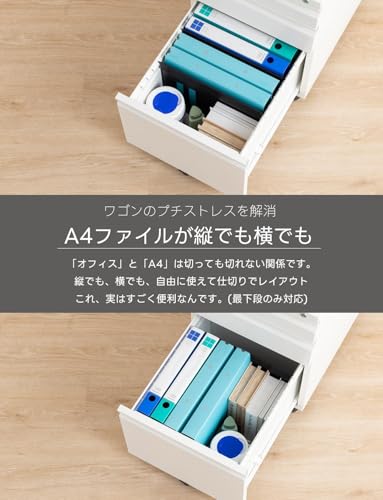 デスクワゴン サイドワゴン 3段 幅395×奥行510×高さ600mm スチール ホワイト 鍵付き シリンダー錠 オールロック [5]