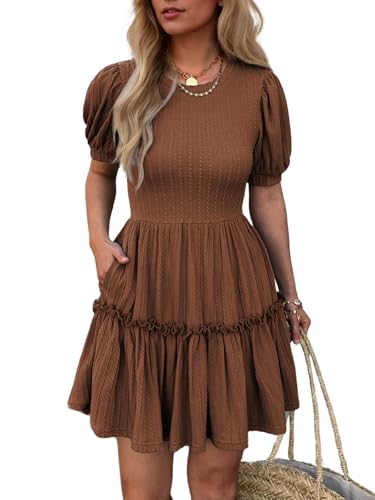 Image of Mieazom Women's Puff Sleeve Ruffle Dress, Brown Cotton Blend Mini Dress with Pockets, Elastic Waist & Flowy Fit
