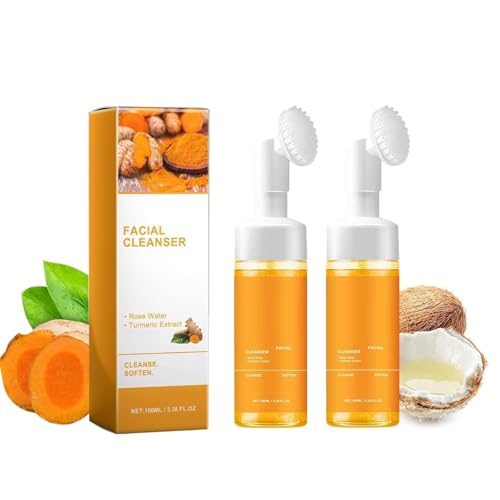 2 Pcs Turmeric Facial Cleanser Nourish Skin Deep Cleansing Pores Turmeric Foaming Face Glow Wash with Brush.