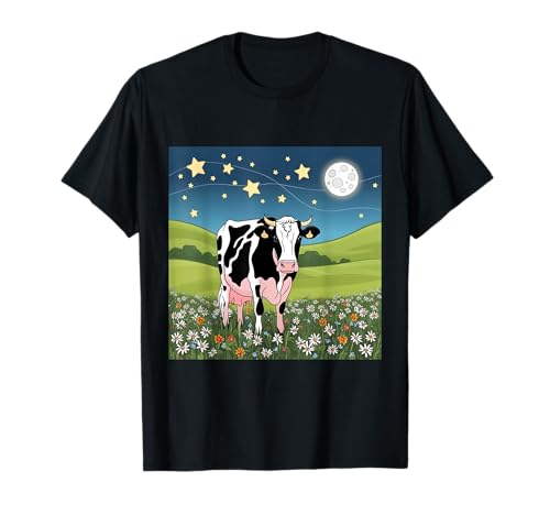 星空草原の牛 夢のような夜景 Tシャツ