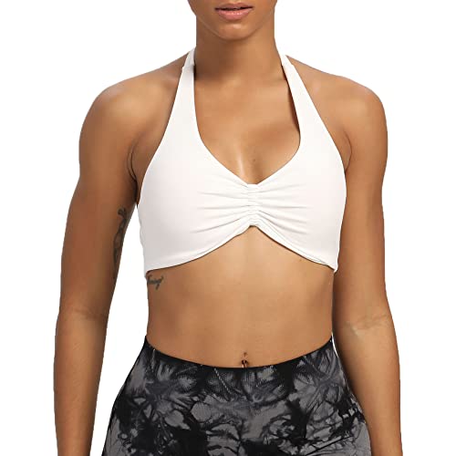 Aoxjox Women's Workout Sports Bras Fitness Backless Padded Taylor Scrunch Halter Bra Yoga Crop Tank Top (White, Medium) #TOP17
