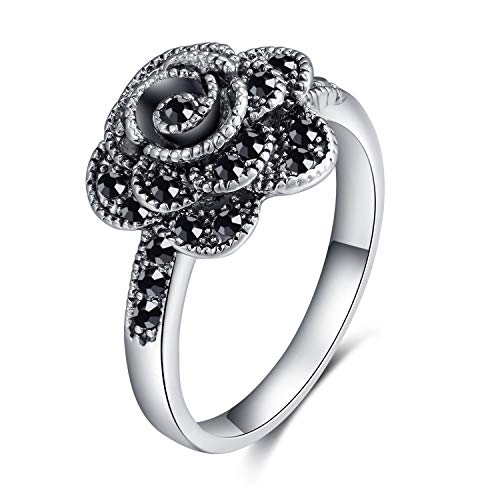 Women's Vintage Black Marcasite Rose Flower Rings Size 7-10