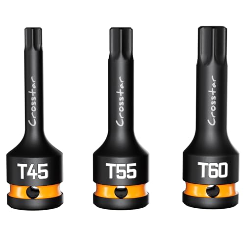 Image of Crosstar T45 T55 T60 Impact Torx Bit Socket Set, 1 /2 inch Drive Cr-Mo Steel, Long High Impact Star Sockets for Automotive & Heavy-Duty Use, Professional Mechanic Tools with Transparent Case