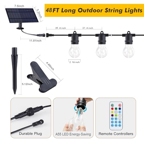 Image of Auroraworld 48FT Commercial Outdoor String Lights RGB - Dimmable Shatterproof Edison Bulbs with Remote, Waterproof Patio Lights for Cafe, Yard, Party, Wedding