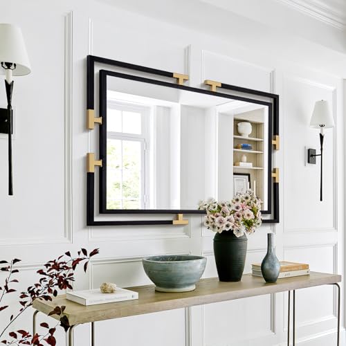 Image of Large Bathroom Mirror, 40 inch x 28 inch Decorative Wall Mirror with Black and Gold Metal Frame for Bedroom, Living Room, Horizontal /Vertical