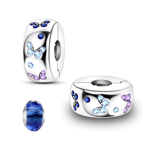 LNQOBU Clip/Stopper Abalorio para Pulsera de Plata de Ley 925   Charm de Estrella y Luna con Pavé de Circonia Cúbica   Mariposa Azul   Joyería Regalo para Mujer