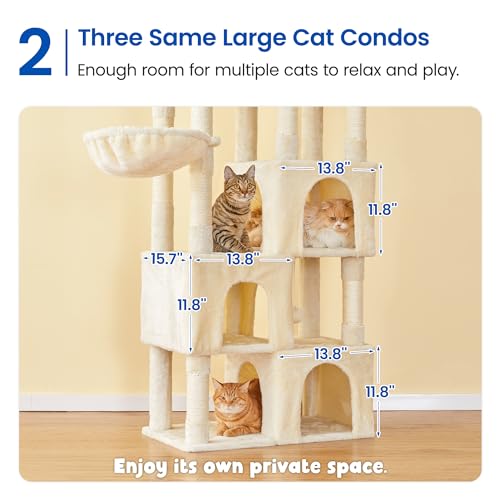 Image of MWPO Large Cat Tree for Indoor Cats, 63-inch Cat Tower with 3 Cat Condos, Scratching Posts, Padded Perches, Hammock, Dangling Toys, Beige
