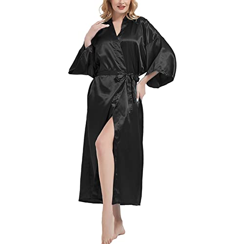 Image of Getitsoon Women's Kimono Robe Long Dressing Gown Satin Cardigan Printed Robes Bridesmaid Bridal