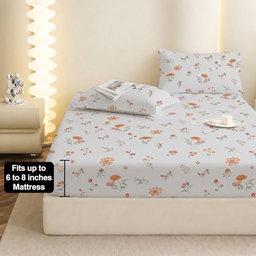 Image of IVAZA Ezyption Cotton Super Soft 240 TC Elastic Fitted All Around Elastic Printed King Size Double Bed Bedsheet with 2 Pillow Cover 72 inch X 78 inch3 White Rust