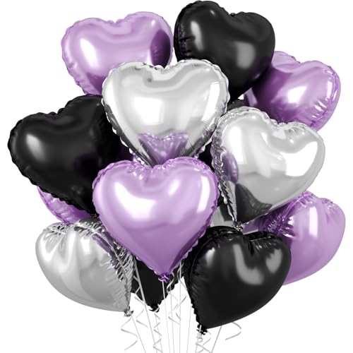Image of Purple and Black Heart Balloons, 10 Pcs Light Purple Silver Heart Shape Foil Balloon 18 Inch Birthday Balloons for Girls Princess Theme Birthday Wedding Valentines Baby Shower Party Decoration