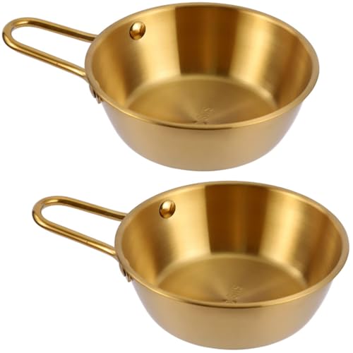Image of 2-Pack Makgeolli Bowls | 304 Stainless Steel Korean Traditional Rice Wine Bowls with Handle | Gold Finish Soup Bowl, Camping Food Bowl, Hiking Cup | 10 oz (300 ml), 4.7 Inch