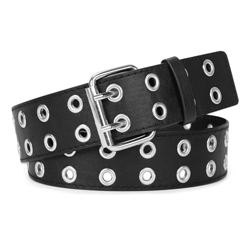 Cintura con occhielli e borchie: Il doppio occhiello borchiato sul cinturino nero vi darà facilmente un look punk rock durante la vostra vita casual, e gli occhielli continui in metallo rendono questa cintura in pelle da uomo più conveniente per regolare per diverse dimensioni della vita