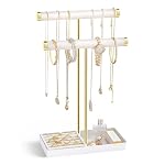 Lolalet 2-Tier Necklace Holder Display, Velvet Wrapped Bracelet Stand with Removable Ring Tray, Tall Jewelry Organizer for Bangles Watches Earrings, Galentines Valentines Gifts for Girls Women -White