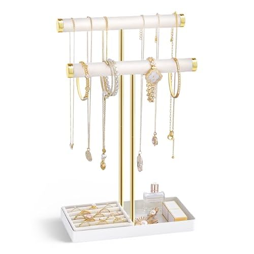 Lolalet 2-Tier Necklace Holder Display, Velvet Wrapped Bracelet Stand with Removable Ring Tray, Tall Jewelry Organizer for Bangles Watches Earrings, Galentines Valentines Gifts for Girls Wom