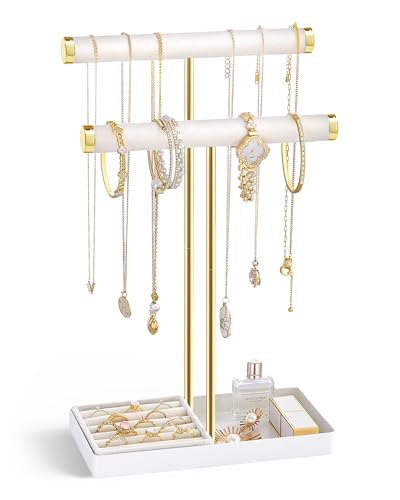 Lolalet 2-Tier Necklace Holder Display Jewelry Stand with Ring Tray -White