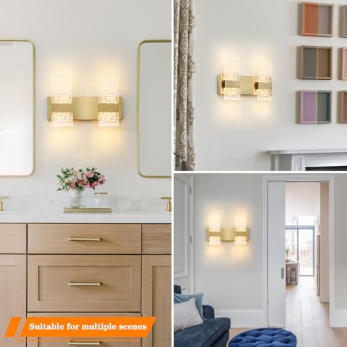 Image of Modern Polished Gold 2 Lights Bathroom Vanity Light, Eleglant LED Bathroom Light Fixtures Over Mirror, Dimmable Acrylic Shade Wall Lighting Fixtures, Hardwired Wall Light(H9.25in, L13.78in)