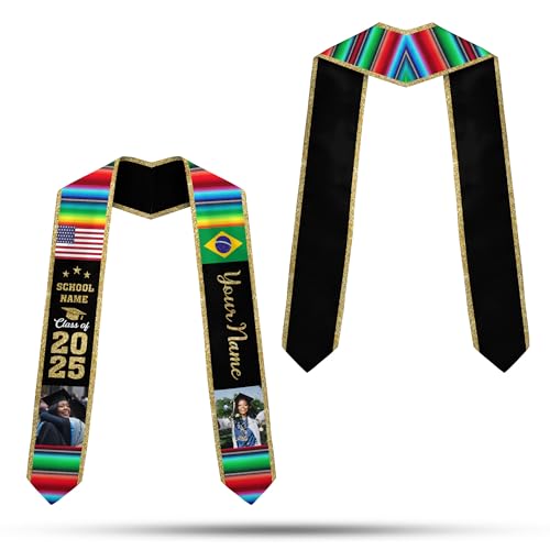 MonkeyVan Personalized Brazil Graduation Stole, Brazilian Graduation Sash, Brazil Flag Graduation Stole, Class of 2025 Bz1