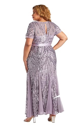 Image of R&M Richards Women's Sequin Evening Gown with Panel Godet Skirt, Ribbon Sash & Short Sleeve for Mother of the Bride, Party