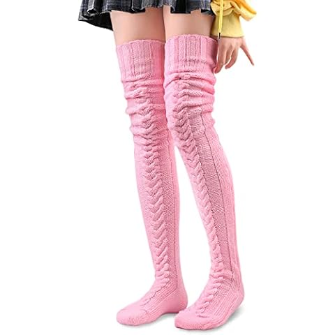 LittleForBig Thigh High Boot Socks Extra Long Over The Knee Cable Knitted Stockings - Pink 85 CM Cover
