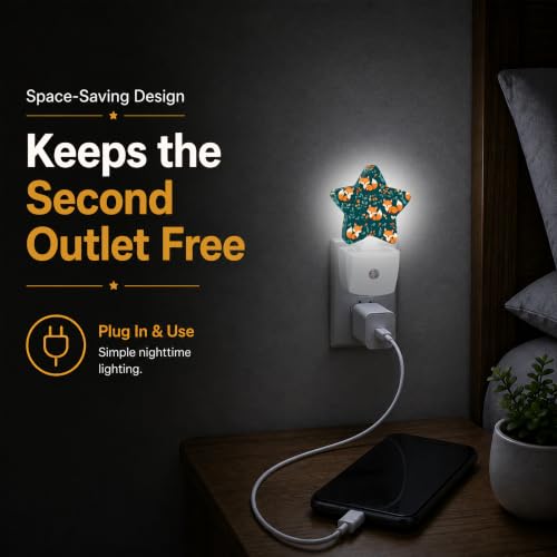 Image of Star Night Light Plug in, Fox Leaves Dusk to Dawn Sensor Night Light, Soft Glow Lamp for Kids Bedroom Nursery Hallway Bathroom, Energy Saving Compact Design