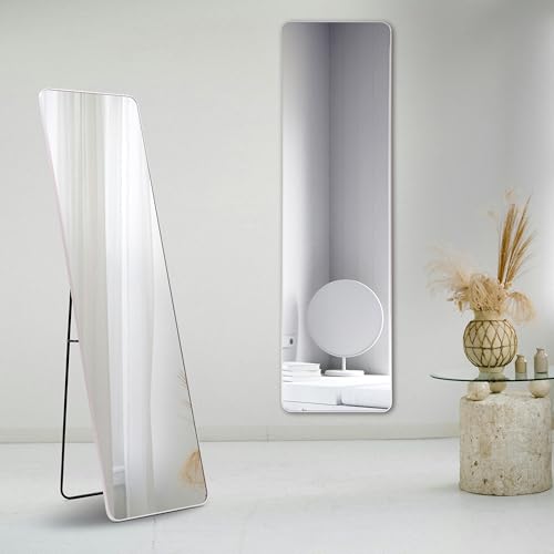 Image of Artspire Home Elegant Round Corner Wall Mirror | Aluminium Frame, Explosion-Proof Sheet with Stand |Dressing Mirror for Bedroom, Entryway, Walk-in Closet & Foyer Home & Office (White, 45x155CM)