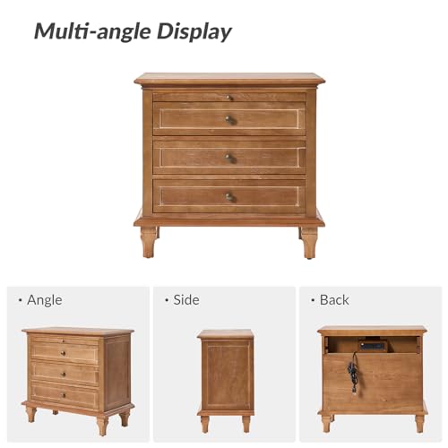 HULALA HOME Farmhouse 3 Drawer End Table with Tray, Drawer Organizer with Solid Wood Legs, End Table with Charging Station(Acorn)