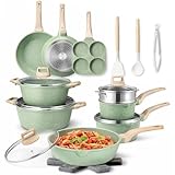 BAKAJI Batteria di Pentole e Padelle 21 Pezzi a Induzione e Gas, Set Adatto a Tutti i Piani Cottura, Antiaderente in Alluminio Pressofuso ed Effetto in Granito con Coperchio e Accessori (Verde)