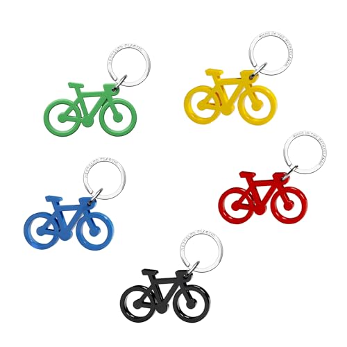 Djois - PORTE-CLÉS assortis - Forme Vélo - Anneaux chromés plats - 5 PORTE-CLÉS - Plastique RECYCLÉ Acrylique - Bleu, Vert, Jaune, Rouge, Noir - Fabriqué aux Pays-Bas