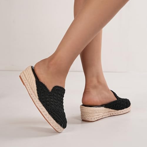 GATUXUS Women's Crochet Espadrille Wedge Mules Hollow Out Slides Sandals Closed Toe Summer Vacation Beach Shoes (US8 Black) by GATUXUS - Used condition - Image 3