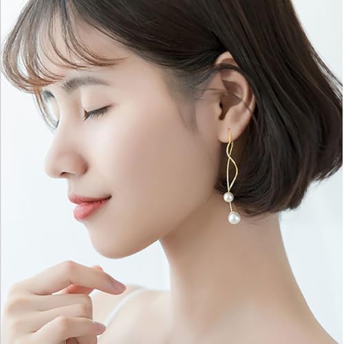 SLUYNZ Sterling Silver Pearls Dangle Earrings Curve Chain for Women Girls Pearls Threader Wedding Earrings for Brides3
