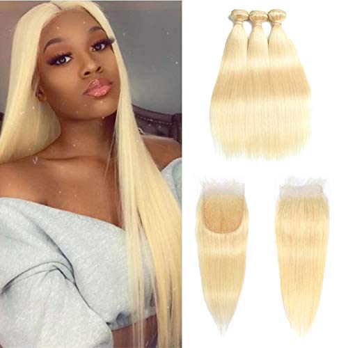 Fabeauty 613 Blonde Human Hair Bundles with Frontal Brazilian Straight with Frontal 100% Virgin Human Hair Weave with 13x4 Lace Frontal (22 24 26+18, 613 bundles with closure)