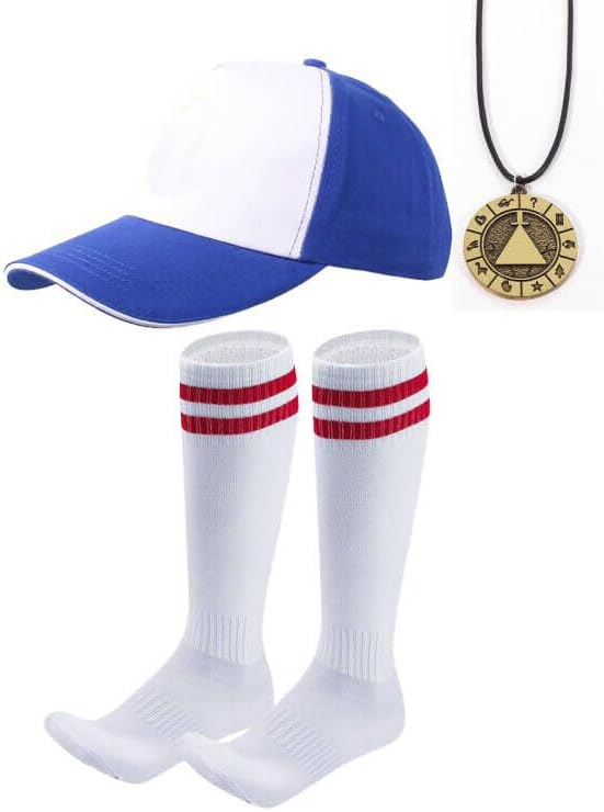 3Pcs Halloween Cosplay Costume Accessories for Men and Boys with Blue Hat Baseball Cap and Striped Socks + Necklace