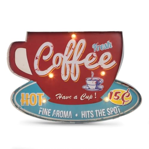 Bey-Berk LED Fresh Coffee Cup Sign, 16" Metal Vintage Marquee