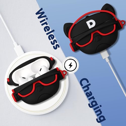 Image of Meyaar Earphone Case Cover Compatible for Realme Buds T300, Soft Silicone Skin Case Cover Shock-Absorbing Protective Case with Keychain (Front LED Visible) (Black Dog with Red Band)