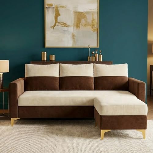Image of FURNY Canvora 4 Seater L Shape Sofa Set with Movable Ottoman | Flexible Left or Right Layout | Plush Velvet Fabric (Cream-Brown) | Perfect for Living Room, Guest Room & Office