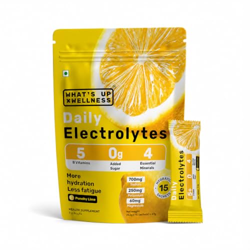 Image of What's Up Wellness Daily Electrolytes Powder - Punchy Lime Flavour | Zero Added Sugar | Instant Hydration - Sodium, Potassium, Magnesium & Zinc | Vegan | 15 Sachets