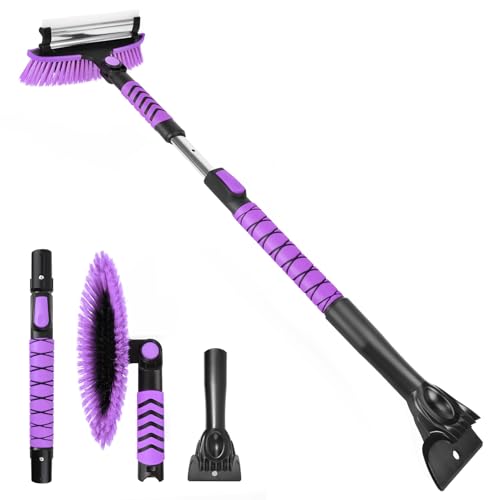 Yougfin 3 in 1 Snow Brush with Ice Scraper for Car Windshield Extendable, SUV Snow Removal with Squeegee Heavy Duty, 180° Rotating Head Car Window Cleaner for Winter 43 inch