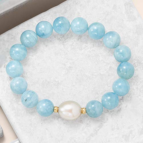 Ross-Simons 12-13mm Cultured Baroque Pearl and 140.00 ct. t.w. Aquamarine Bead Stretch Bracelet With 14kt Yellow Gold. Adjustable Size3