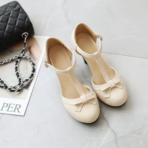 Image of Elbslutt Women's Cute Retro Rockabilly Shoes T Strap Mary Janes Heels Chunky Cosplay Shoes Sweet Block Heeled Bow Pumps