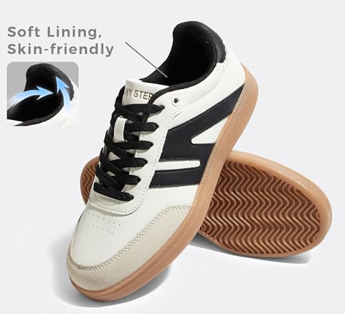 Image of LUCKY STEP Women Retro Gum Sole Fashion Sneakers | Genuine Leather Classic Tennis Skate Walking Shoes Anti Slip Trainers