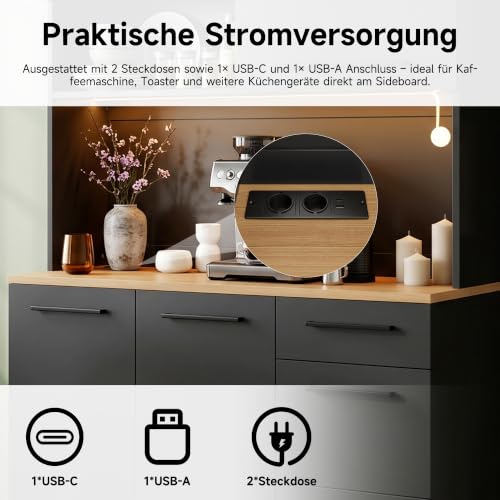 Armario alto para comedor multifuncional negro de 180cm con luces LED y USB 6