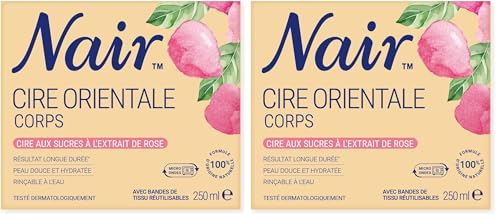Nair Cire aux sucre méthode orientale – Kit d'épilation pour femmes, enrichie en extrait de rose. Le kit comprend un pot de 250 ml, 14 bandes en tissu réutilisables et une spatule en bois. (Lot de 2)