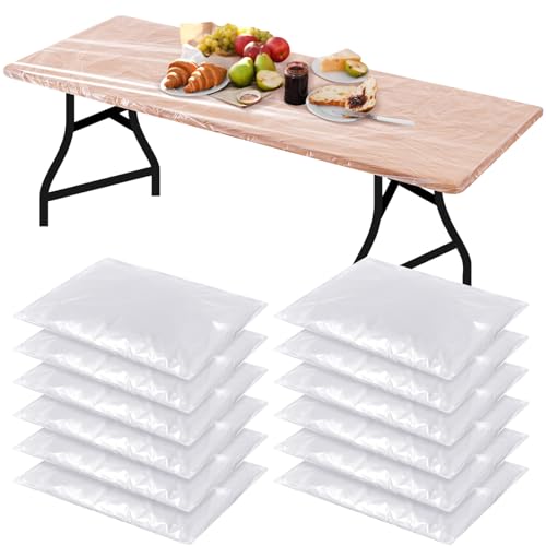 Image of Boao 12 Plastic Elastic Fitted Tablecloths, 6 Ft, 72 x 30 Inch, Clear