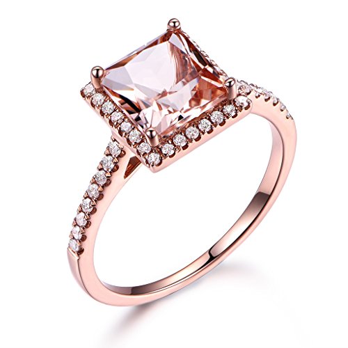 7mm Princess Cut Pink Morganite 14k Rose Gold Engagement Ring Diamond Halo Wedding Band Bridal Promise