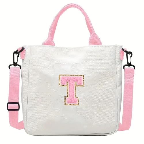 Crossbody Bag for Girls Initial Canvas Travel Messenger Bag Letter Birthday Present Teen Girls Holiday Present (Pink T)