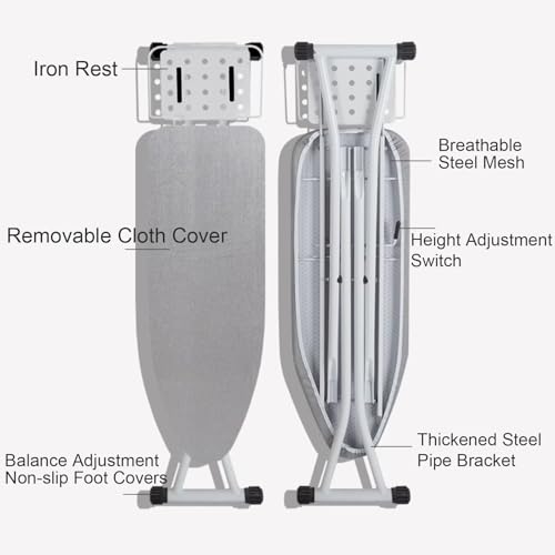 Height Adjustable Ironing Board with Iron Rest, Space Saver Folding Iron Boards with 1 Replacement Cover, Ironing Table for Sewing Craft Room, House(Medium) - Image 7