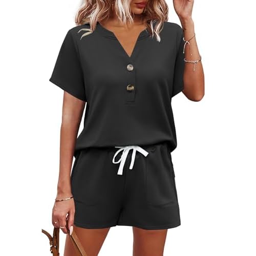 AKEWEI Womens Two Piece Outfits Summer Lounge Sets Tracksuit V Neck Buttons Down Tops and Shorts Set with Pockets Black XX-Large
