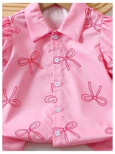 WDIRARA Toddler Girl's Bow Print Button Down Shirt Puff Sleeve Blouse Cute Top4