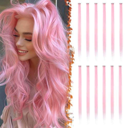 BARSDAR Light Pink Clip in Hair Extensions - Colored Pink Straight Hair Extensions for Women - 22 Inch 12 PCs Colorful Synthetic Clip Party Highlight Hairpieces Christmas Halloween